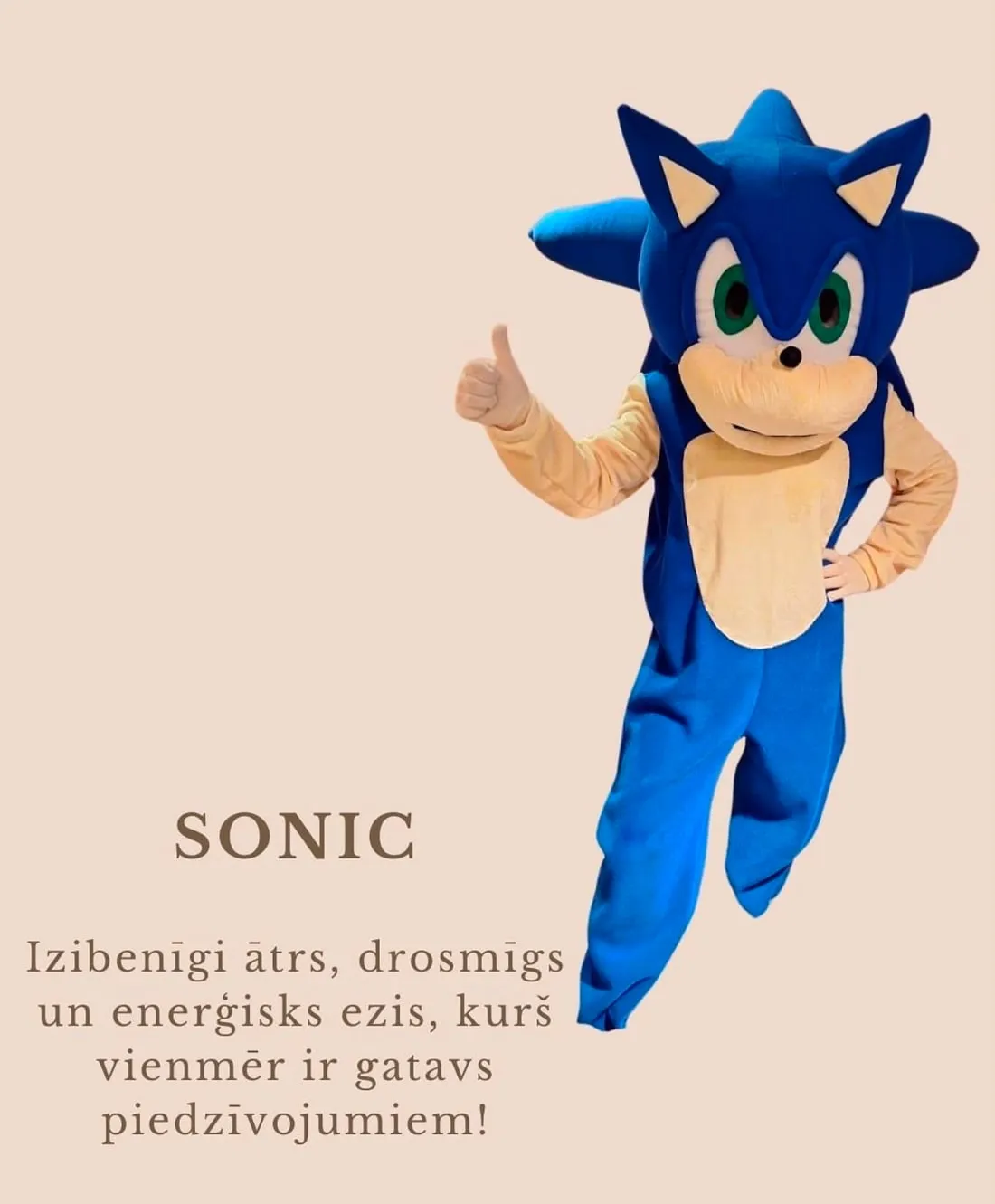 Animators Sonic tēlā BamBalle telpā Ogrē